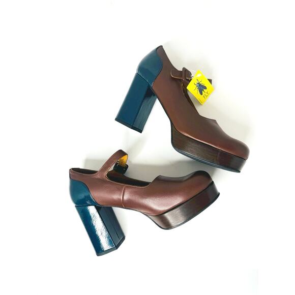 FLY London Shoes - Fly London ERIL Platform Pumps Cognac & Navy Leather Retro 70s Chunky Heel 38